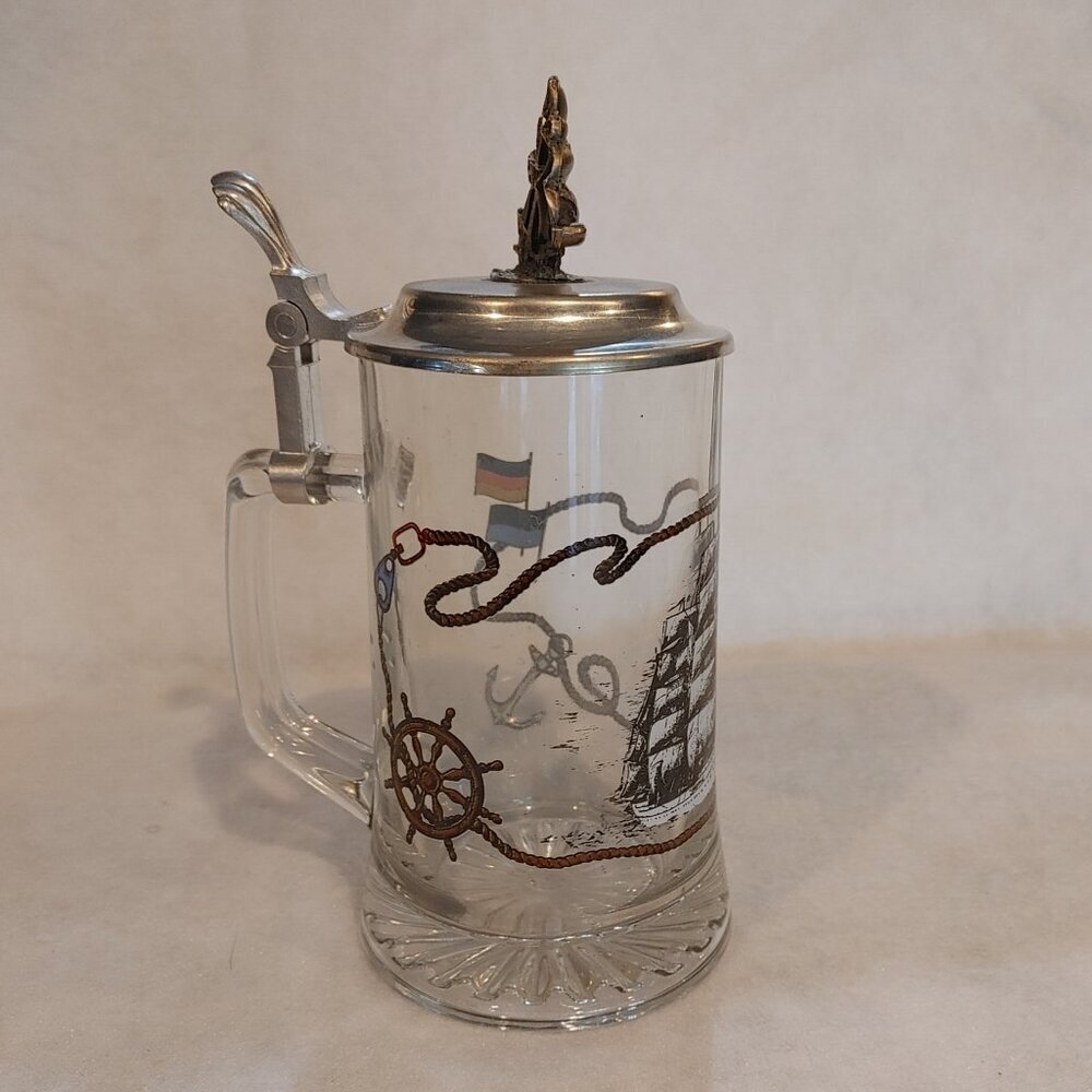 Vintage Glass Beer Stein Sail Ship
